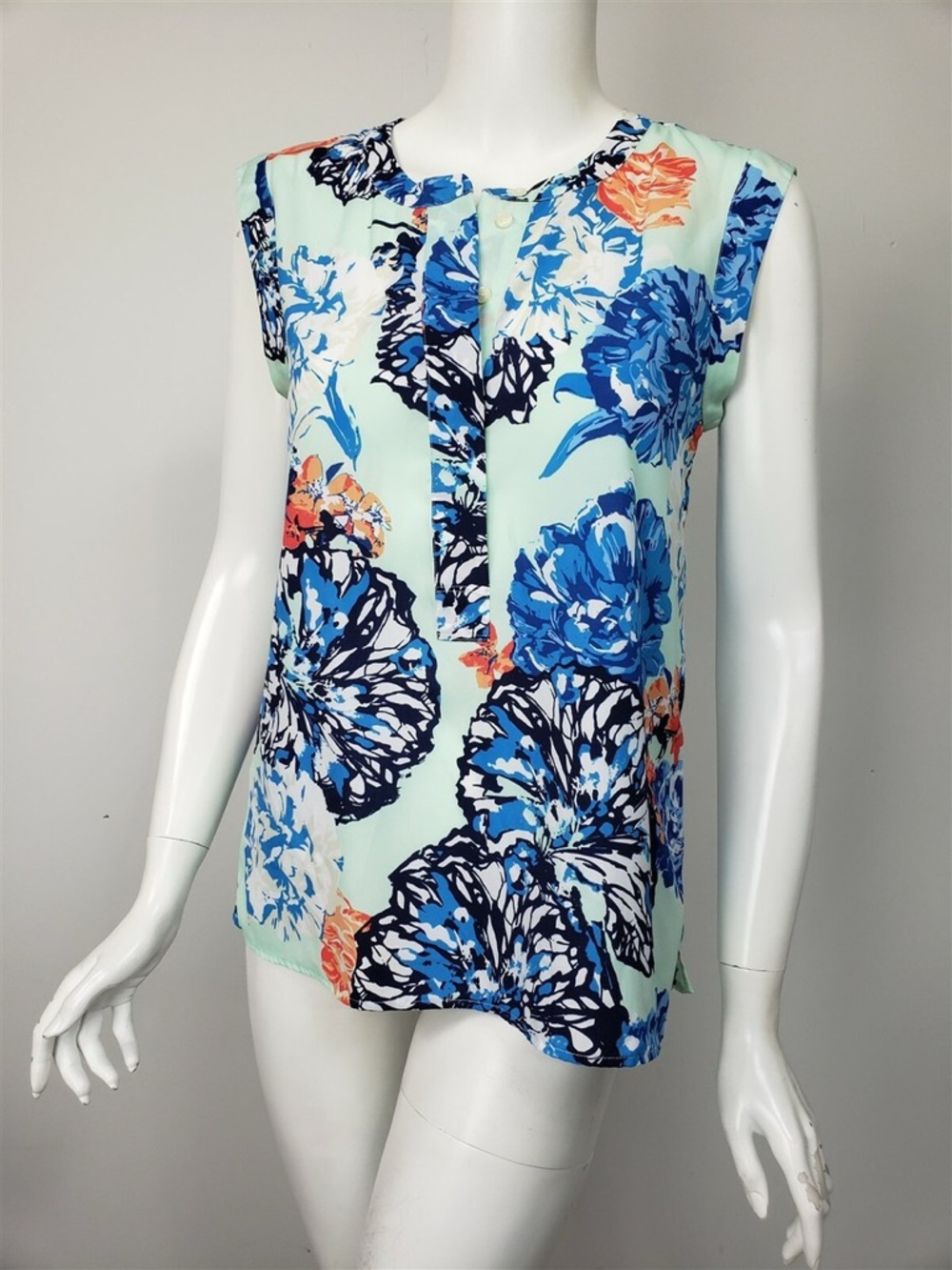 J. Crew Mint Floral Sleeveless Henley with Blue & Orange Accents